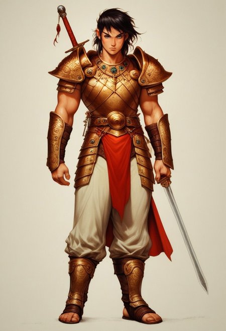score_9, score_8_up, score_7_up, source_realistic, source_photo, 1boy, elmore_style
dungeons and dragons
high fantasy
sword and sorcery setting
fighter
(random fantasy race)
(random skin tone)
(random hair color)(random hair style)
Dungeons and Dragons genre
high adventure sword and sorcery setting
A powerful male warrior (fighter) dressed in ancient, ornate armor inspired by the Roman legions
featuring intricate gold and silver details and elegant, protective armor pieces. 
The armor should be a mix of ancient Greek and mythological design, with sleek pauldrons, a polished bronze 
breastplate, gladiator-style sandals, and braces, greaves. The character has short, dark hair and an intense, confident expression, standing tall in a lush, vibrant forest that evokes the mystical atmosphere 
The scene conveys strength, grace, and a connection to the natural world., action shot, bokeh