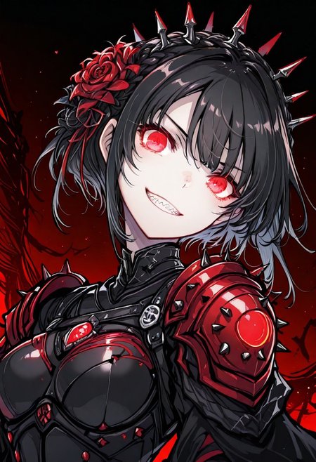 (1girl, solo, red glowing eyes, light armor, black hair, short hair, spiked crown, licoris flower, hunger grin, sharp teeth, crimson moon, french braid, gloves, black gloves, hair ornament, bloody theme), looking at viewer, luminescence, detailed, (gothic background, detailed background:1.3), dutch angle, close-up, dynamic composition, tokiame, #Hitoimim, ckym, in the style of ckym, flowing hair