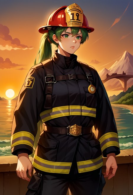 score_9, score_8_up,score_7_up, source_anime, 1girl, solo, <lora:EPfeLynPony_epoch_7:1.0>, EPfeLyn, green hair, green eyes, long hair, high ponytail,  jewelry, large breasts,   background, cowboy shot, EPFireFighter, <lora:EPFireFighterPony:1.0>, wearing EPFireFighter, jacket, black jacket, pants, black pants, harness, helmet, red headwear,sunset, bridge, ocean, water, building, mountainous horizon,