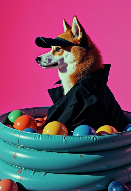 Anthropomorph Shina inu dog wearing a visor,  black trenchcoat, sitting in an inflatable pool with multiple colored balls,brooding, turquoise silver grunge, in profile, side view, surrealism, pencils, fashion illustration, gradient magenta and teal background, avant-garde, vivid colors, filigrie, photorealistic rendering, mody chiaroscuro lighting