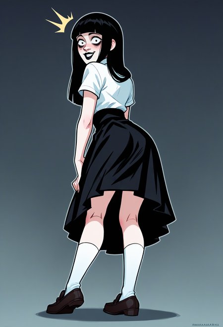 score_9, score_8_up, score_7_up, score_6_up, score_5_up, score_4_up,
BREAK
1girl, samarie funger, blunt bangs, black hair, long hair, blunt ends, black eyes, bags under eyes, flustered, blush, looking back, surprised, light smile, happy,
BREAK
arched back, from behind, black loafers, white socks, hugging own legs, black dress, long dress, white shirt, short sleeves, black lips,
BREAK
black background, simple background, dynamic pose, dark, <lora:Lunas-Samarie-Funger-SDXL-A1:1> <lora:Lunas-MarmaladeMum-SDXL-A1:1>