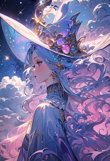 (masterpiece, best quality, highly detailed:1.2), 1girl, witch, dreamy witch hat, magical, fantasy, swirling clouds, playing among the stars, artistic, multicolored theme, anzhcdreamwave, aesthetic