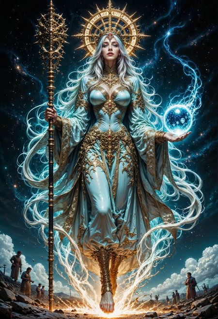 A celestial being who walks the line between the mortal and divine, the Starborne Oracle is draped in cosmic silks that shimmer with the light of distant galaxies. Her ethereal presence is crowned by a halo of floating, golden rings inscribed with ancient prophecies. Her silver hair flows like liquid stardust, and her opal eyes reflect the endless void of space. She carries an astral staff adorned with a glowing sphere that charts the destinies of those who seek her wisdom. Each step she takes leaves behind a trail of constellations, and whispers of cosmic truths echo through the void around her.