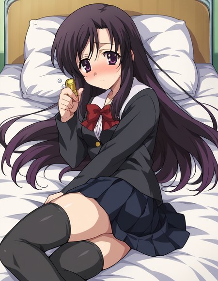 score_9, score_8_up, score_7_up, source_anime,
kotonohakatsura, <lora:kotonoha-katsura-ponyxl-lora-nochekaiser:1>,
kotonoha katsura, purple eyes, black hair, long hair,
black thighhighs, bow, red bow, school uniform, skirt, thighhighs, zettai ryouiki,
indoors, bed, bed room, on side, blush, drunk,
looking at viewer, cowboy shot,