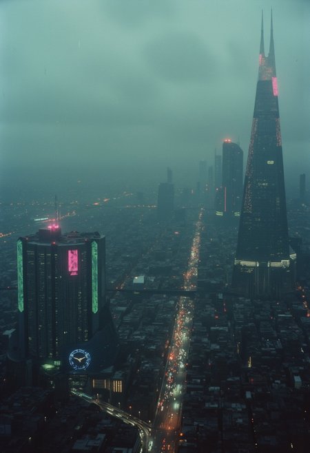 Blade Runner style, lith_mimosa_kiel_grw134_FLUX, From high above, the Blade Runner-inspired megacity sprawls beneath a thick layer of fog and rain, extending endlessly to the horizon. Towering skyscrapers with neon-lit façades pierce through the mist, their holographic billboards flickering in shades of pink, green, and electric blue. Streams of light weave through the streets like rivers of color, guiding automated vehicles along rain-slick roads far below. Massive, angular buildings rise and fall in chaotic clusters, each layer of the city adding to its dense, labyrinthine complexity. The air is heavy with pollution, creating a hazy glow that blurs the distant edges of the metropolis, where the city’s reach seems to dissolve into an endless sea of lights. As the neon glow blends with the rain-smeared atmosphere, it paints the entire landscape in a surreal, moody palette—a vision of a vast, technologically vibrant yet eerily lifeless world.
