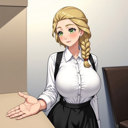 1girl,blonde hair,single braid,green eyes,white shirt,collared shirt,hair over shoulder,black vest,black skirt,Detailed hand,Hand,Perfect hand