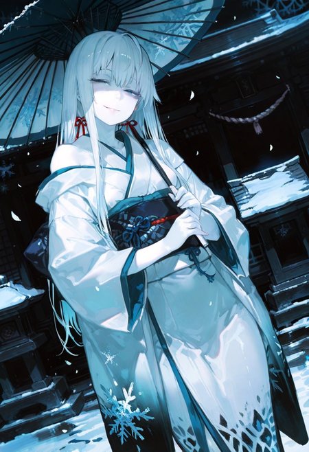 masterpiece, best quality, good quality, newest, highres, absurdres, volumetric lighting,gradient color,
BREAK 
raytracing, volumetric lighting, ambient occlusion, girl, luminescent background, masterpiece, best quality, very awa, absurdres, 
BREAK
Yukinoshita Yukino, Yuki-onna colored skin, (white skin:1.3), solo, long hair, white hair, blue eyes, luscious lips, model style,
 evil eyes, evil, bullying, sinister, 
BREAK
masterpiece,amazing quality,best quality,ultra-detailed,8K,illustration,CG,shiny hair,clear skin,ultra-detailed-eyes,simple background,cute girl, eyelashes
BREAK,
long kimono, outdoors, shrine, night, moonlight, dutch angle, dark theme, high contrast, holding umbrella, snowflakes, snow, bare shoulder, looking at viewer, petals falling, , smile, half-closed eyes, sash,