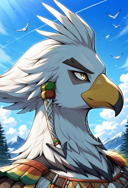 best quality, newest, absurdres, highres, Anthro,bird,Teba,yellow eyes,white fur,beak,face focus,outdoors