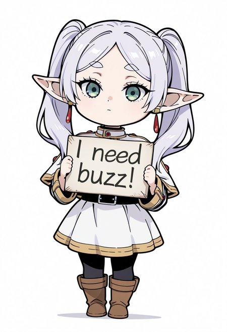 masterpiece, need_buzz, holding sign, sousou no frieren, frieren,chibi,chibi style, 
1girl, solo, white background, shirt, skirt, long sleeves, jewelry, pantyhose, pointy ears, parted bangs, green eyes, white hair, twintails, boots, full body, white skirt, earrings, striped shirt, sash, black pantyhose, capelet, white capelet, elf