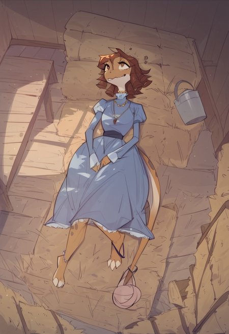 safe_pos, BeansPXL, jewelry, long sleeves, juliet sleeves, necklace, puffy sleeves, dress, blue dress, brown eyes, brown hair, short hair, drill hair, reptile girl, large breasts, narrow waist, wide hips, anthro lizard, scales, furry, female furry, sleeping on hay bail, on back, tail curled around ankles, holding a big egg, snoring, porch light, early evening, 
flat color, fca style, toon \(style\), 2d,score_9, score_8_up, score_7_up, score_6_up, farm house, fence,
