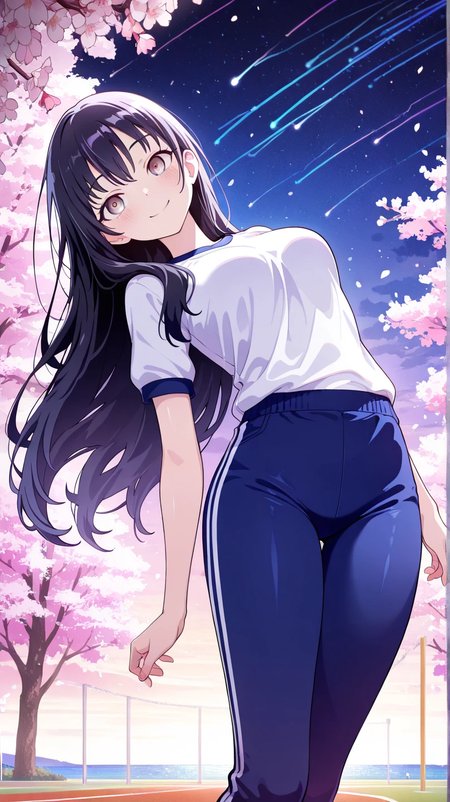 masterpiece, 1girl, solo, scenery, (detailed eyes), (high definition eyes), (high gradient eyes), (eyesHD), (best quality:1.4), (amazing quality:1.3), very aesthetic, (blush), shiny skin, ambience, Shiny Eyes, Shiny Skin Thighs, hips swaying, BREAK, (Yamada_Anna), black hair, brown eyes, long hair, sidelocks, anime coloring, skin_clean, shiny_skin, night, midnight, looking at the sea, BREAK, cherry blossoms background, leaning back, leaning to the side, smile, very long hair, free pose, delicate skin texture, fair skin, delicate face, pastels, bright tones, wind, light particles, light, bright tones, motion lines, extremely detailed, intricate, delicate details, movie lighting, very beautiful, absurd, dynamic graphics, dynamic angles, special movements, dynamic poses, action poses, dynamic movements, (Illustration: 1.2), (8K Wallpaper), (Beautiful, pretty eyes: 1.2), Delicate eyes, beautiful, soft colors, clear line, project sekai, soft, pastel, colorful, BREAK, school gym uniform, blue pants school gym, white shirt school gym