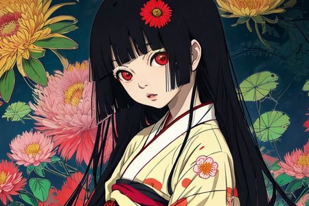 Enma Ai, 1girl, chrysanthemum, flower, solo, japanese clothes, long hair, kimono, yellow flower, butterfly, hair spread out, sash, floral print, black hair, hair down, red eyes, lying, obi, orange flower, bangs, on back, kikumon, spider lily, pink flower, colorful, red flower, blunt bangs, blue flower, looking at viewer, parted lips, butterfly print, print kimono, long sleeves, pale skin, wide sleeves, from above, <lora:Enma Ai:0.8>, river, night