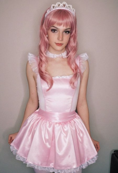 slutty pastel satin fairy maid alice princess costume, skinny, amateur, sexy british crossdresser, beautiful, 19 years old, headband, freckles, soft smile, punk, flirtatious, tights, satin tutu, lipgloss, ear
dark room, analog 90s Kodak flash photograph, uncensored, nip slip, detailed background