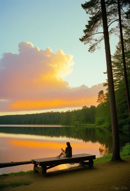 A serene atmosphere: a woman sits on a weathered bench overlooking a tranquil river beach, surrounded by lush greenery and towering trees. A wooden cabin stands in the distance, softly reflected on the calm water. A warm gradient sky with orangish hues and fluffy clouds dances above, while the woman sips refreshing cola from a bottle in her hand, photograph taken with Kodak portra 400 35mm color film, style, masterpiece, high resolution, ultra detailed