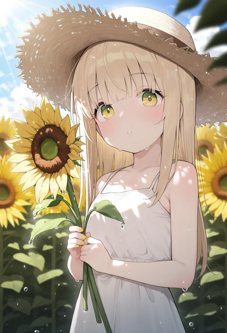 masterpiece,best quality,amazing quality,
1girl, sunflower, flower, solo, hat, long hair, holding, looking at viewer, holding flower, bangs, dress, straw hat, yellow flower, parted lips, upper body, blonde hair, yellow eyes, white dress, blush, outdoors, water drop, nail polish, bare shoulders, sleeveless dress, sleeveless, sundress, sunlight, green eyes, blurry, summer,
 <lora:Healthyman_epoch_10:1>