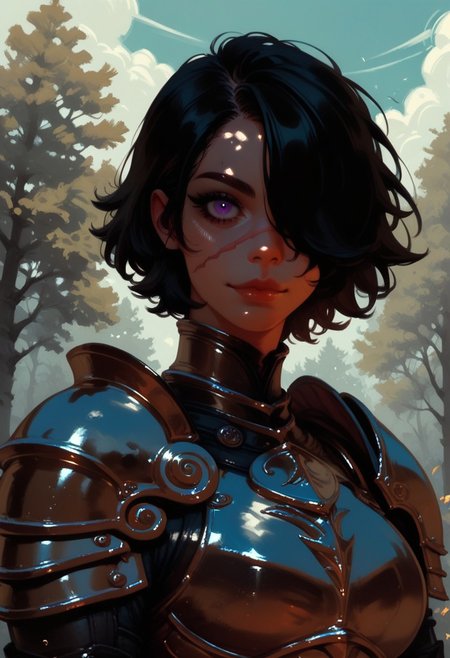 1girl, armor, scar, solo, scar on face, black hair, short hair, hair over one eye, looking at viewer, purple eyes, outdoors, upper body, breastplate, shoulder armor, tree, makeup, day, scar across eye, sky, , cloud, , shoulder plates, pauldrons, breasts, nature, eyelashes, scar on nose, scar on cheek, closed mouth, forest, blue sky, one eye covered
,  <lora:Ri-MIX_A_Illustriousv2-000009:1> rimixa,, looking at viewer,, , score_9, score_8_up, score_8_up,