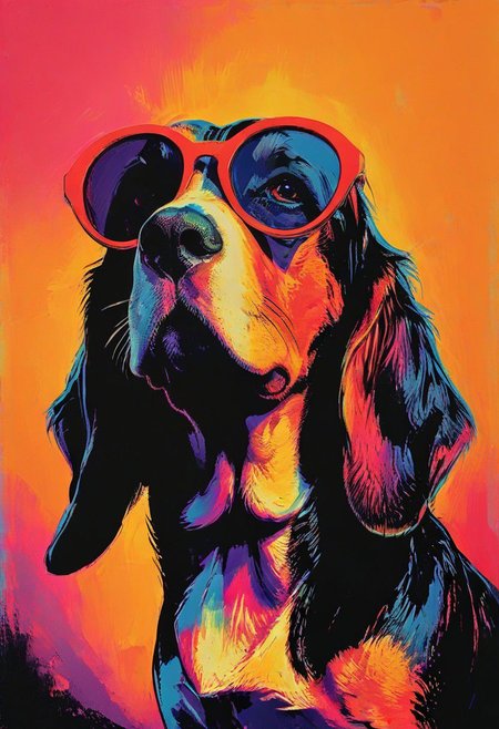 impactful color paint of, a Basset Hound, wearing dark sunglasses, highly detailed, vibrant colors , 8k, sharp, professional, clear, high contrast, high saturated, , vivid deep blacks, crystal clear