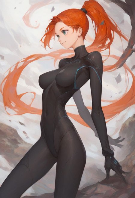 score_9, score_8_up, score_7_up, 
1girl, very thin black Unitard, ginger hair, long ponytail