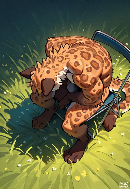 safe_pos, masterpiece, best quality, newest, very aesthetic, absurdres, very awa, 1boy, solo, leopard, anthro, fluffy, bara, sitting, folding chair, from above, depressed