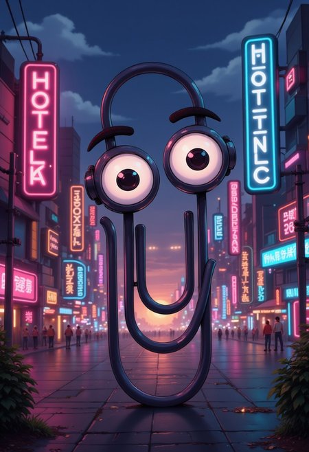 A digital artwork in the style of cknc, clippy with big eyes in front of a hotel at sundown. vast cyberpunk city.