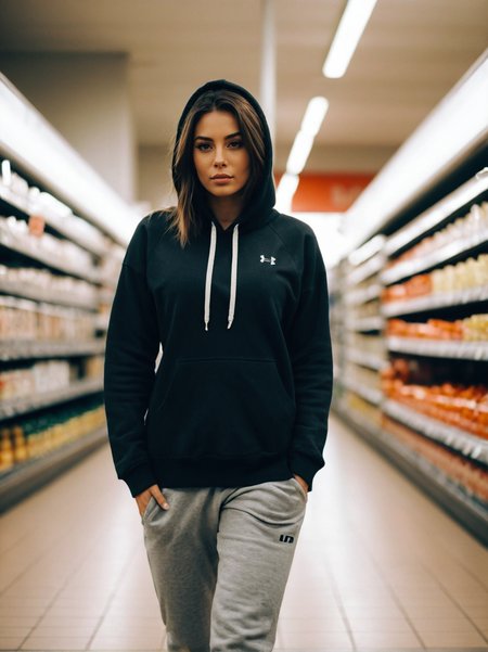 A dynamic cinematic photograph of Jenna_Sims_P_MXAI_SDXL:1.2  , bored expression, wearing a hoodie, wearing yoga pants, wearing sneakers, in a supermarket, walking towards the camera, looking down,, SK_CINEMATIC, ziprealism