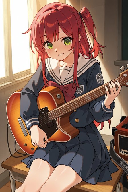 masterpiece, best quality, amazing quality,
 <lora:Lango_IL:1> lango, 1girl, solo, instrument, red hair, school uniform, guitar, green eyes, white sailor collar, sailor collar, smile, skirt, bow, bangs, long sleeves, long hair, one side up, sitting