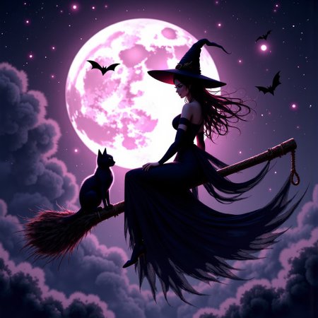 Masterpiece. Illustration of a silhouette of a beautiful adult witch and her cat sitting on a (broomstick:1.2) in front of a full moon. The witch is wearing a pointed hat and a long black Victorian dress. The cat is sitting on the broomstick behind the witch. The background is dark, with a hint of purple and pink galaxies, and the moon is partially visible behind a fog with bats flying in the distant sky. The overall mood of the image is eerie and mysterious. high-res, semi realistic, best quality, intricate details, ultra details, good lighting, vibrant colors, very detailed, octane render, absurdres. ray tracing, mythp0rt.
