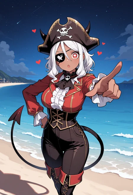 masterpiece, best quality, 1girl, solo, mod3us, medium hair, white hair, hair between eyes, black horns, demon horns, pirate costume, eyepatch, tricorn hat, ruffled blouse, corset, high-waist pants, outdoors, (tan), pointing, outstretched arm, hand on own hip, red eyes, heart-shaped pupils, demon tail, thigh boots, beach, sand, ocean, night, cloud, starry sky, night sky, pointing at viewer, foreshortening, index finger raised, looking at viewer