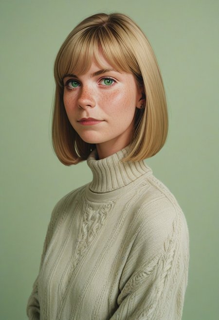 1girl, belatricepamford, pretty face, freckles, manic pixie, light hair, sweater, nose, seductive, 
FOV medium shot, 
simple pastel green background,
score_9,score_8_up
