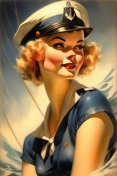 <lora:Rolf Armstrong Style:1>Rolf Armstrong Style - female sailor, illustration