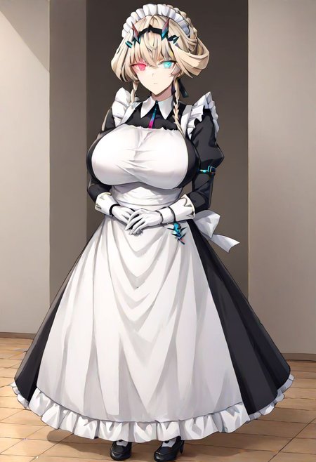 Barghest_Maid, platinum blonde hair, twin braids, short hair, sidelocks, hair up, hair bun, heterochromia, glowing eyes, maid headdress, frilled dress, pleated dress, juliet sleeves, maid apron, collar, black skirt, long skirt, white gloves, 
masterpiece, best quality, very aesthetic, absurdres, 1milf, 1adult, solo, full_body, tachi-e,