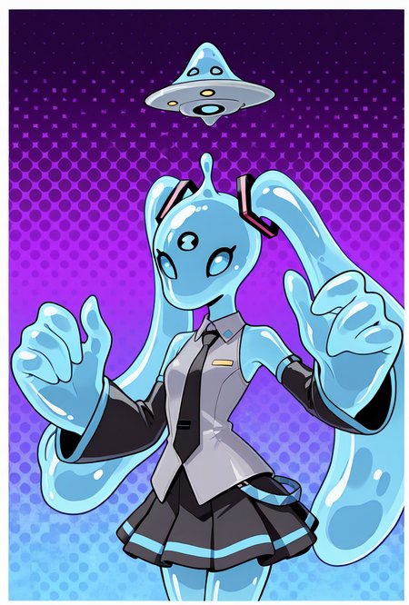 <lora:goop-09:1> goop, solo, no humans, 1girl, cyan skin, pokemon (creature), slime (substance), translucent character, transparent skin, floating small  ufo on head, dynamic pose, stretchy limbs, cyan slime, long twin tails, miku cosplay, grey shirt, black skirt, cyan tie, sleeveless,, cyan eyes, Black sleeves, slime hair, cyan theme, masterpiece, best quality, amazing quality, very aesthetic, absurdres, newest,, upper body, halftone effect, white borders, abstract background:1.2,