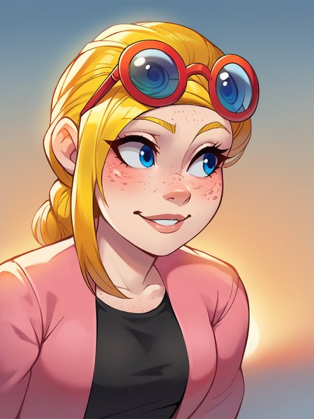 core_9, score_8_up, score_7_up, score_6_up, score_5_up, score_4_up, Schp1cy, 1girl, curvy, looking to the horizon, sunset,  <lora:SchpicyStyle-03:1>, EmilyA, Blonde Hair, Freckles, Blue Eyes, Braid, Pink Jacket, black shirt, eyewear on head, happy, <lora:EmilyA-05 (1):0.8>