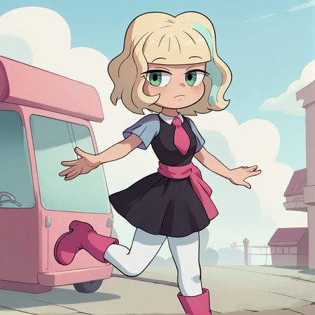 score_9, score_8_up, score_7_up, score_6_up, score_5_up, score_4_up, BREAK, <lora:amyrosesonicxoutfit:1>, arsonicxoutift, black dress, short dress, white pantyhose, pink necktie, pink sash, short sleeves, outside, pink boots,  <lora:JackieLPony1.0:0.8>, jackiel, blonde hair, 1girl, green eyes, solo, multicolored hair, short hair,  <lora:shexyo style xl:1>, blue sleeves,