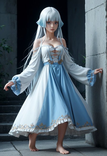 <lora:XilingJiyuan:1>,  score_9, score_8_up, score_7_up, score_6_up, score_5_up, score_4_up, source_anime,  , dynamic pose,  Pandora, long hair, blue eyes, dress, blue hair, collarbone, white hair, medium breasts, blunt bangs, clothing cutout, cleavage cutout, hime cut,off shoulders, things, no shoes