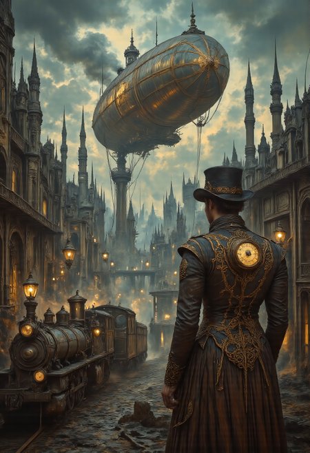 Masterpiece, best quality, steampunk. Wide shot, landscape, chiaroscuro lighting, dramatic shadows. A wide shot of a highly detailed grand steampunk cityscape at dusk, where towering gothic buildings adorned with gears, pipes, and glowing vacuum tubes rise above cobblestone streets. A massive brass and copper airship hovers in the sky, venting steam as it prepares to dock at a floating platform. Below, steam locomotives chug along elevated railways, covered with intricate clockwork machines and crackling Tesla coils. A daring airship pirate, clad in a leather duster and top hat with built-in goggles, leaps from a dirigible onto the deck of a rival vessel, wielding a steam-powered grappling gun. A mechanical automaton with exposed brass pistons and a glowing core stands guard, its monocle reflecting the city lights. The atmosphere is foggy with a golden glow from gas lamps, mixing with the steam venting from underground, creating a rich, cinematic scene of adventure and innovation. Steampunk Apparel, Jed-stmpnk, steampunk