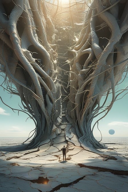 A 3D render of a surreal landscape with a man standing at the center, observing a large, intricate, and organic-looking structure that seems to be cracking or breaking apart. The structure extends upwards and outwards, with tendrils and branches resembling tree roots or tentacles. Above the structure, there's a bright light source emanating from the center, casting a glow on the scene. In the background, a desolate landscape with barren trees and cracked ground stretches out, and a small planet or moon can be seen in the sky.