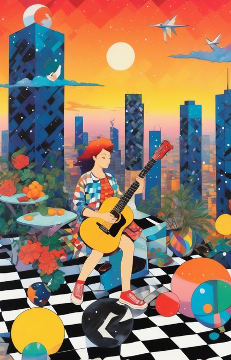 collage patterns vibrant colors, a girl playing guitar on a rooftop, checkerboard, diagonal stripes, houndstooth, diagonal stripes, <lora:Tomat:0.8> cosmic, check, geometric gradients