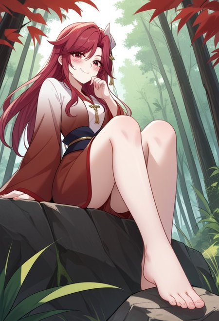score_9, score_8_up, score_7_up, score_6_up, source_anime, Luo qingqing, Luo dress, red eyes, red hair, long hair, hair ornament, jewelry, wide sleeves, sash, sitting on rock, forest, foot, toes, focus foot, from below, foreshortending, sole, blush, seductive smile