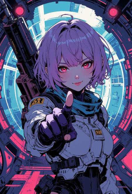 manga, anime, inksketch, vibrant digital illustration, A digital artwork in the style of cknc, upper body close up face shot of a mysterious wabi sabi cyberpunk siren looking at the viewer, direct eye contact. lavender hair, in a space suit. carries a heavy weapon on her shoulder, cute smile, pointing with her index finger at the camera, standing in the center of a futuristic, cylindrical corridor.
vibrant palette
S1n0z1ck style, A digital artwork in the style of bladerunner.
<lora:s1n0z1ck-flux-test-lora:0.3>  <lora:Anime v1.3:0.6>
<lora:ck-Sommo-Concept-Art:0.6>
<lora:ck-nc-pastel-cyberpunk:0.2>
<lora:ck-shadow-circuit:0.3>
<lora:ck-MetalGearSolid:0.45>