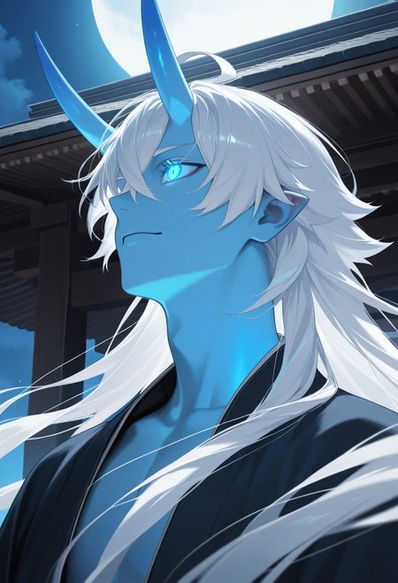 1boy, Hikigaya Hachiman //(Oregairu//) solo, male focus, masterpiece, best quality, black and blue montsuki, japan architecture, white hair, long hair, blue eyes, glowing eyes, oni, blue oni horns, light icy blue skin, smooth anime boy, portrait, fine detail, great composition, dynamic light, atmosphere, vivid colors, detailed, cinematic, strong background, aesthetic, very inspirational, glowing, rich deep color, clear excellent