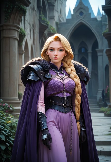 score_9, score_8_up, score_7_up, score_6_up, adult woman, solo, L4DY , rapunzel, very long blonde braid, purple:1.2 dress, english fashion,  (chain leash), purple dress, cincher,  armor, cloak, fur trim, gloves, <lora:LOW-60-PDXL:0.8>