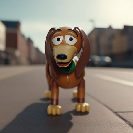 cinematic photo a toy dog with a spring body  walking a in street<lora:SlinkyDog1024:0.8> . 35mm photograph, film, bokeh, professional, 4k, highly detailed