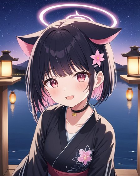 kazusa \(blue archive\),1girl, hair_flower, halo, solo, black_choker, looking_at_viewer, blush, night, obi, outdoors, smile, lantern, star_\(sky\), open_mouth, upper_body, black_kimono, water, starry_sky, pink_flower, lake, long_sleeves, from_side
<lora:kazusa_(blue_archive)_image2363_2023-11-28-000006:1>halo. gorgeous,key visual, vibrant, studio anime,award-winning, professional, highly detailed,high budget, cinemascope