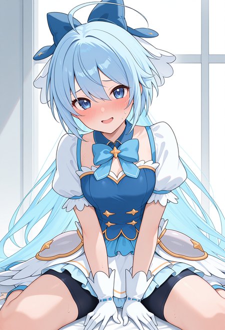 sitting, wariza, leaning to the side, open mouth, smile, embarrassed, blush, looking at viewer, pcrtomo, very long hair, ahoge, blue eyes, hair between eyes, ptomomag, blue hair, magical girl, blue bow, hair bow, sleeveless shirt, blue shirt, white sleeves, short puffy sleeves, detached collar, white gloves, overskirt, white skirt, blue skirt, hip armor, bike shorts, shorts under skirt, <lora:_tomo_pcr-elesico-ilxl-000013:1> highres, best quality, masterpiece,
1girl, solo,