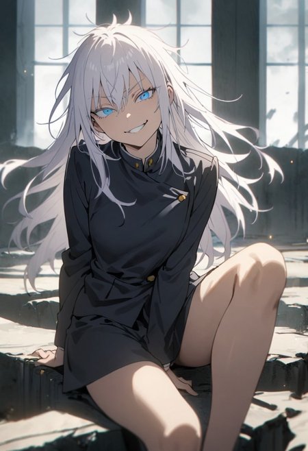 masterpiece, best quality, absurdres, cinematic, dynamic, solo,1girl, gojou satoru, jacket, gakuran, blue eyes, white hair, long hair, smirk, grin, sitting, looking at viewer,