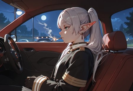 score_9, score_8_up, score_7_up, score_6_up, Frieren, elf ears, sexy, small breasts, night, girl_focus, solo, car_interior, cigarette in mouth, gloves, facial_hair, motor_vehicle, car, jacket, ground_vehicle, from side