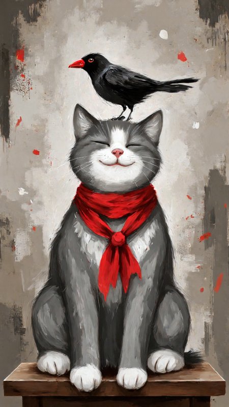 artwork featuring a whimsical and surreal scene. At the center is a gray and white cat with its eyes closed in a contented smile, perched on a red scarf tied around its neck. The cat's fur appears soft and textured, with detailed brushstrokes that mimic the softness of real fur. Perched on the cat's head is a small black bird with a bright red beak, adding a splash of vibrant color to the image. The bird's feathers are meticulously rendered, giving a sense of realism.The background is a blend of muted, earthy tones with subtle brushstrokes and splatters of red and black paint, creating a textured and abstract effect. The overall style is impressionistic, with soft, blurred edges and a focus on light and shadow to create depth. The scene is set against a neutral backdrop, which allows the cat and bird to stand out prominently. The red scarf tied around the cat's neck contrasts sharply with the cat's gray fur, adding a pop of color and a touch of whimsy to the composition. This digital artwork combines elements of realism and fantasy, creating a charming and whimsical scene.,aidmaimageupgrader, aidmaMJ6.1 <lora:aidmaMJ6.1-FLUX-v0.5:0.7> <lora:aidmaImageUprader-FLUX-v0.3:0.4>