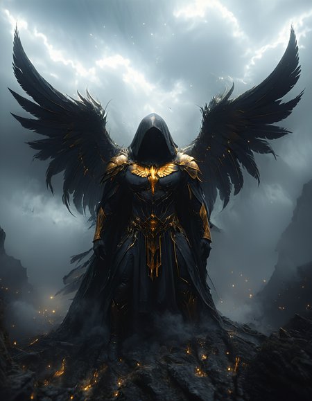 wide angle, full body, hidden face, hooded, fallen angel, big golden wings, tattered robe, wearing black body armor, full body armor, golden feathers falling, majestic wings, powerful stance, cloudy sky, fantasy, ethereal, mystical, mist and fog, Imposing, Dramatic lighting, earth terrain, black theme, dark,
