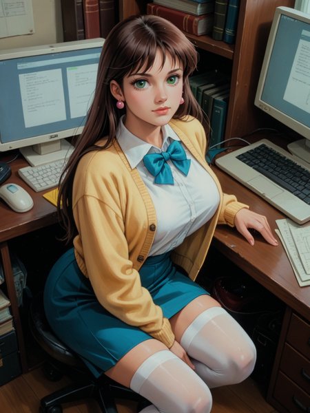 score_9, score_8_up, score_7_up, realistic, from above, background is retro dorm room, typing on computer, retro computer, <lora:Mia_Koji:.55>, miakoji, mia, cardigan, (pastels), skirt, white stockings, loafers, (massive tits), big natural breasts, ronin warriors, solo, 1girl, retro, brown hair, 1980s (style), earrings, long hair, green eyes, makeup